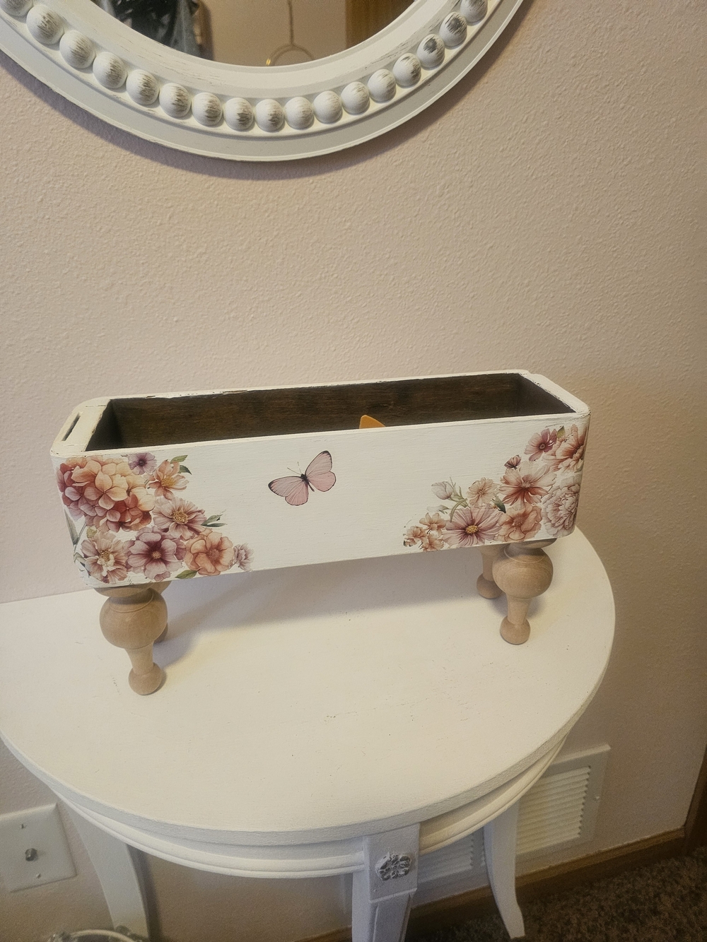 Decorative White Floral Butterfly Wood Riser / Box